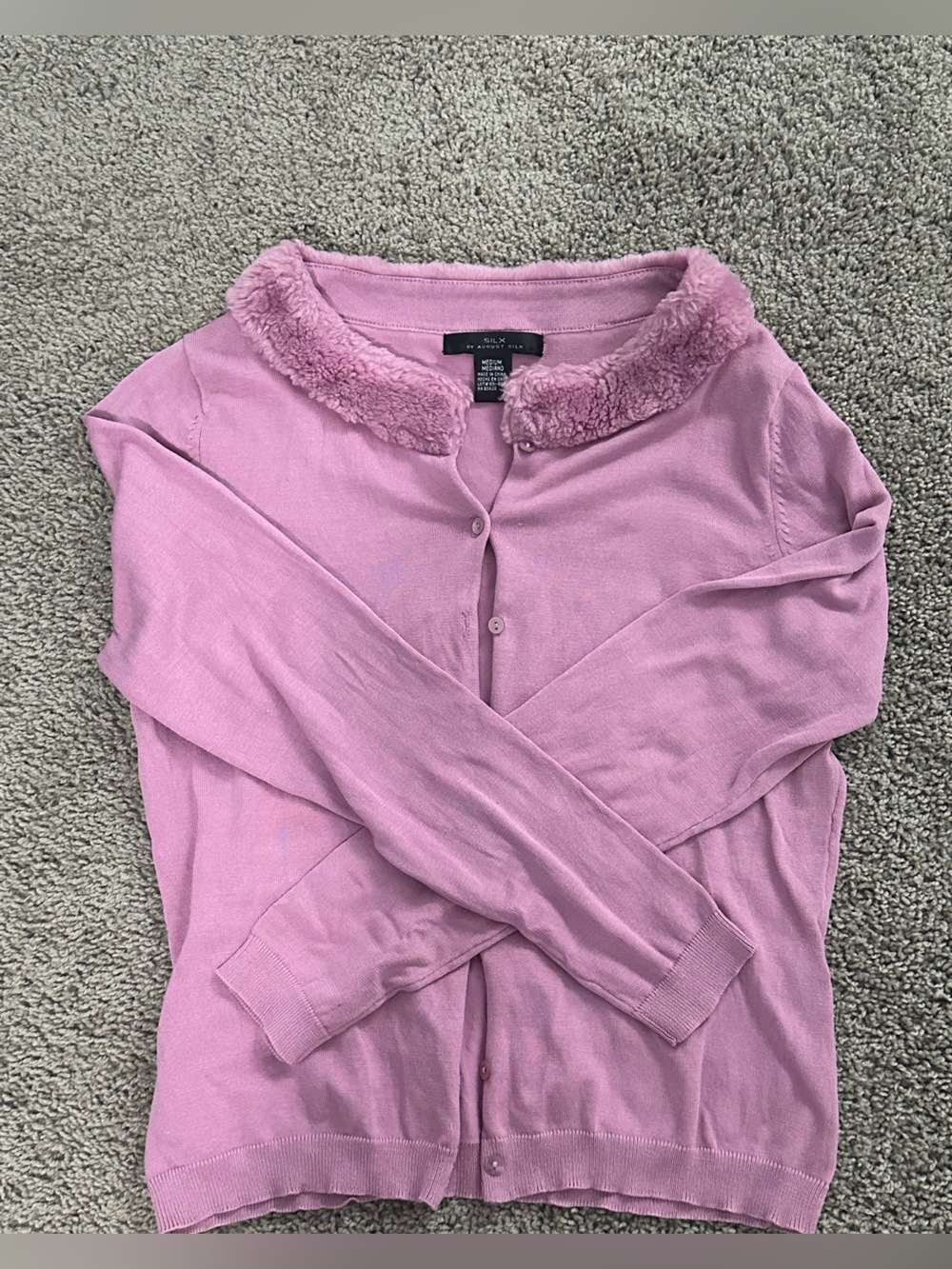 Silx by August Silk Lilac Button-Front Cardigan with Faux Fur Collar